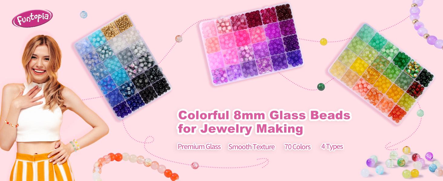 Funtopia 8mm Glass Beads Bracelet Making Kit, 1540counts 70 Colors Crystal Beads for Jewelry Making, Funtopia Round Glass Beads for Bracelets and DIY Crafts, Solid and Crackle Colors Beaded Edge Beaded Choker