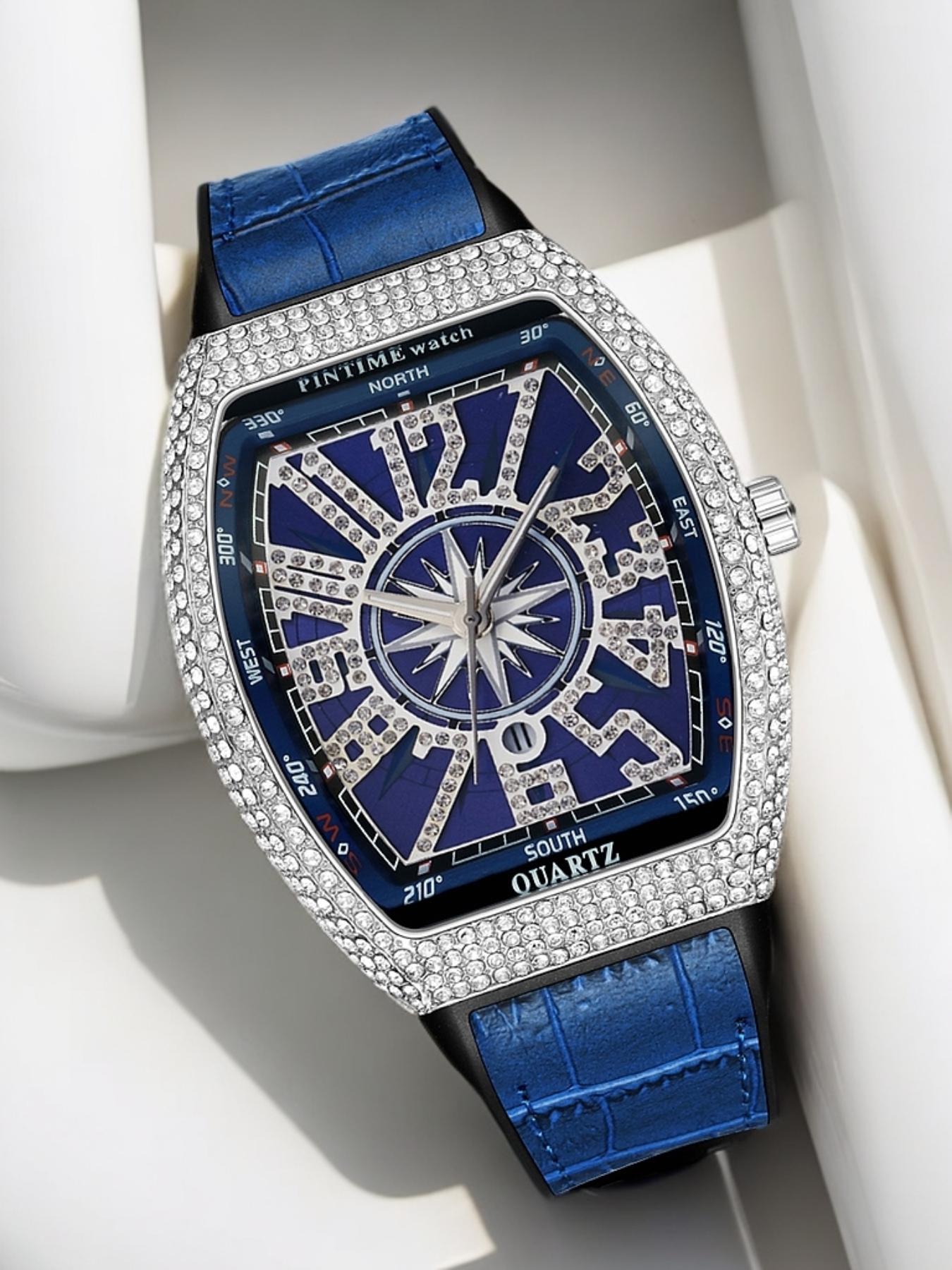 Men's Business Quartz Watch, Barrel Shape Starry Strap, Yacht Diamond Vintage Large Dial, Waterproof Stone Watch, 1pc