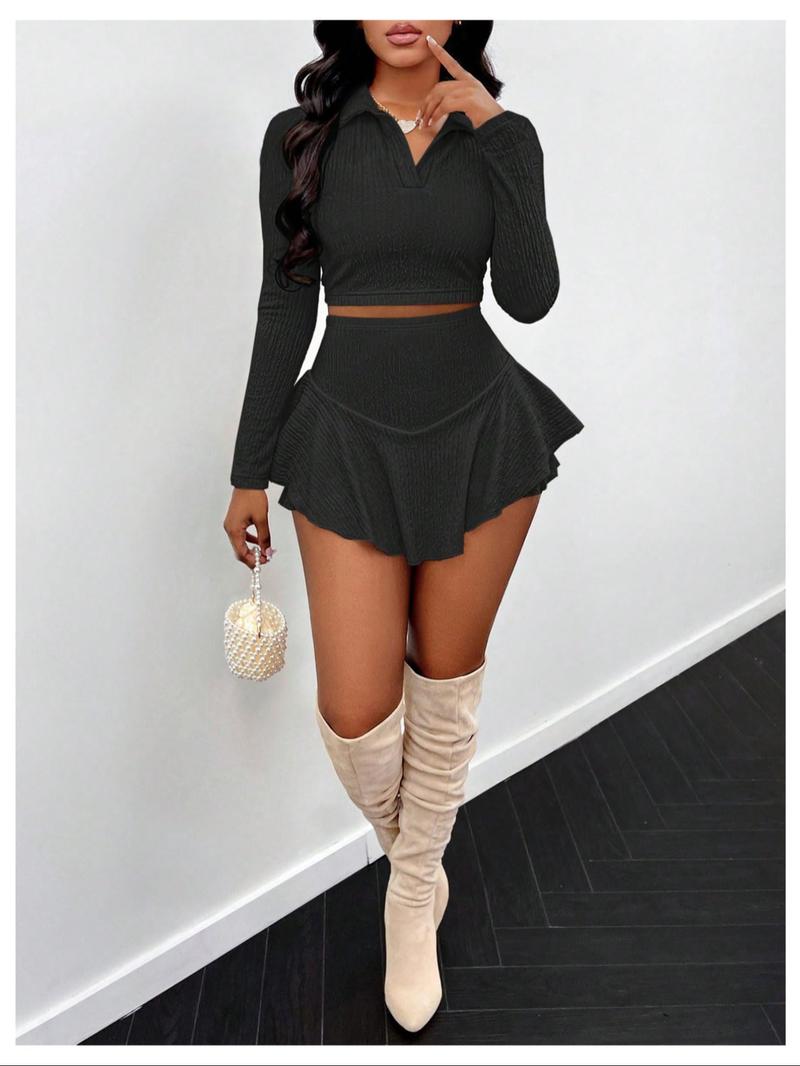 Women's Solid Crop Top & High Waist Skirt Two-piece Set, Casual Fashion Cozy Two Piece Outfits for Daily Outdoor Wear, Ladies Clothes for All Seasons