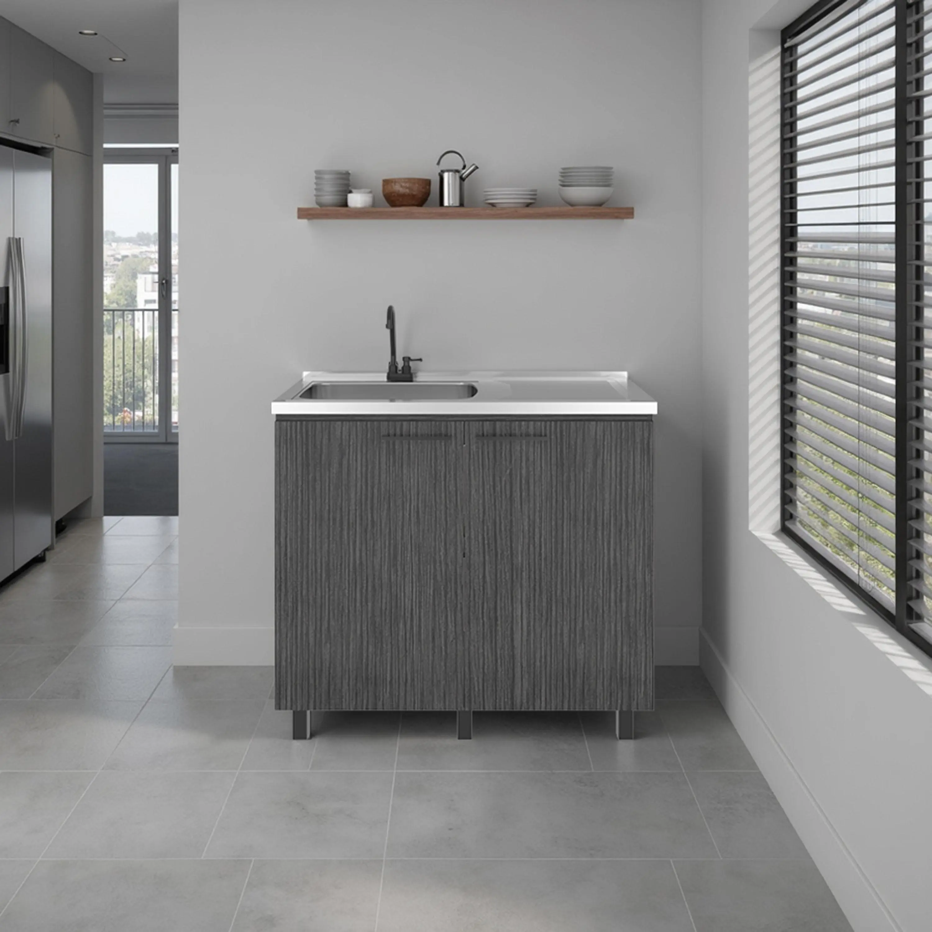 Freestanding Utility Base Cabinet with Stainless Steel Countertop, Sink and Faucet, 2-Door Storage, Smoke Grey, 39.4W x 20.7D x 35H in
