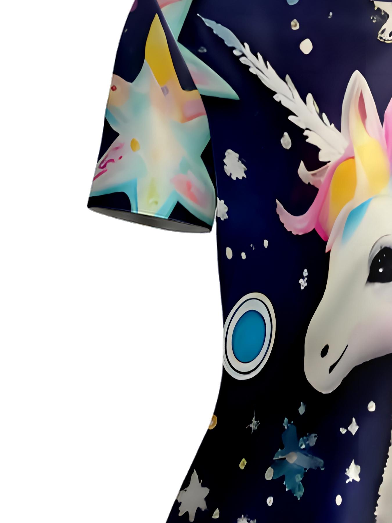 Girls Summer Starry Sky Unicorn Print Dress, Kids Dreamy Snowflake Crew Neck Short Sleeve A-Line Dress
