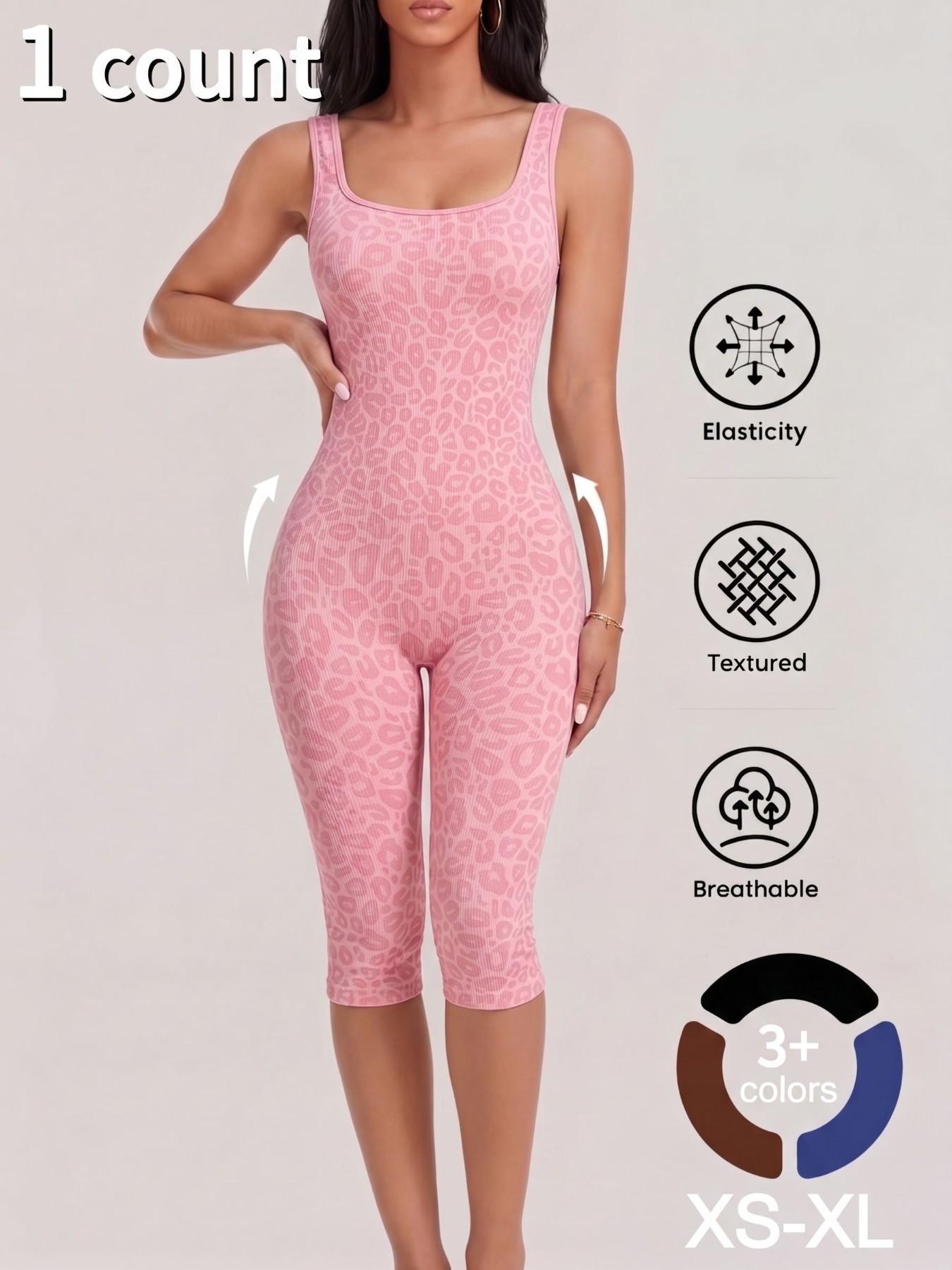 1/2PCS Women's Yoga Capri Jumpsuit Square Neck Backless Tummy Control Butt Lifting, Yoga Workout Jumpsuits Workout Shorts Romper Seamless Ribbed Sleeveless Unitard Fitness Gym for Gym Sports