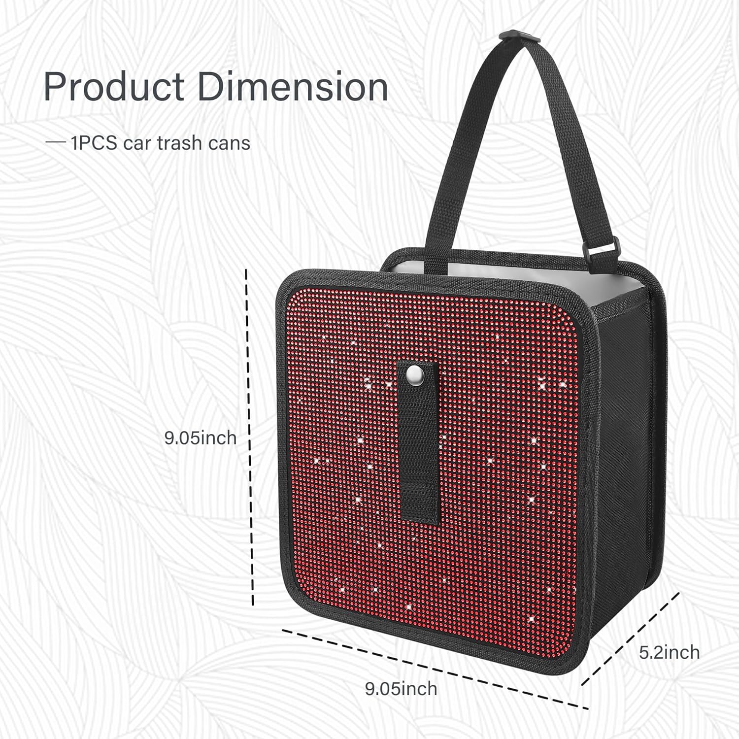 Riding Car Interior Foldable Rhinestone Trash Can - Synthetic Water-Resistant Fabric Bling Bin with Flexible Rope Buckle Mounting, SUV Stowing Accessory, Easy to Clean, Manufacturer Warranty (Red)