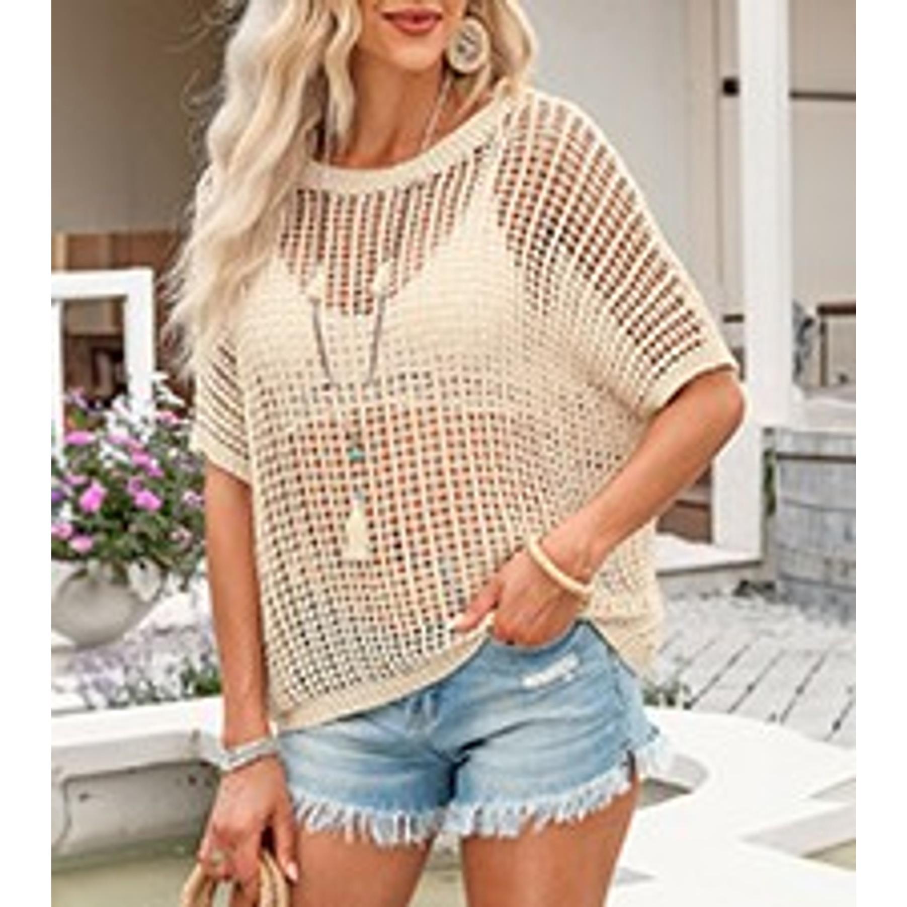 Women's Summer Scoop Neck Short Sleeve Crochet Hollow Out Knit Sweater Top Casual Pullover Beach Cover Up