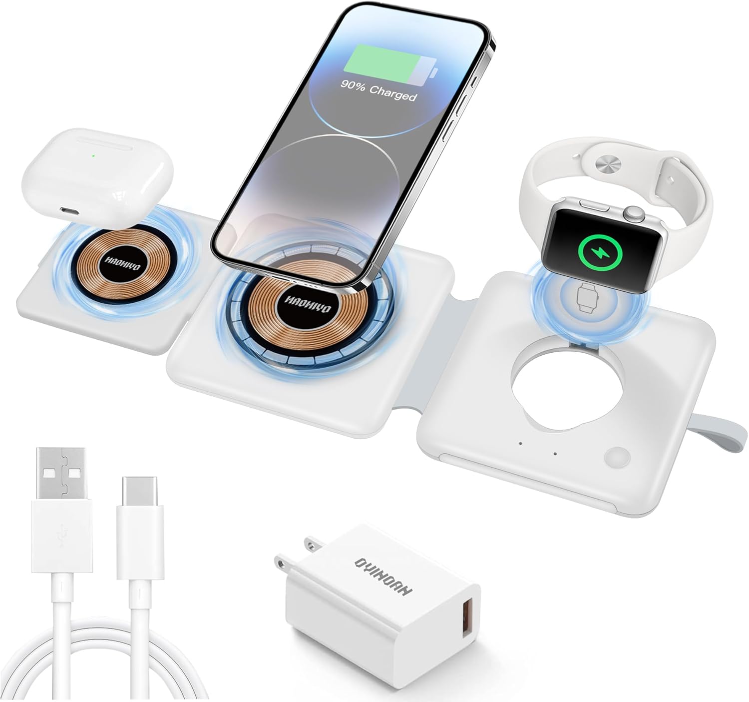 Portable 3 In 1 Fast Wireless Charger, 15W Mag-Safe Foldable Wireless Charging Station Suitable For iPhone,iWatch,Airpods Wearable Multiple Devices, Wireless charger for Android phones Earbuds Case Cellular Folding Chargeable White Electronic
