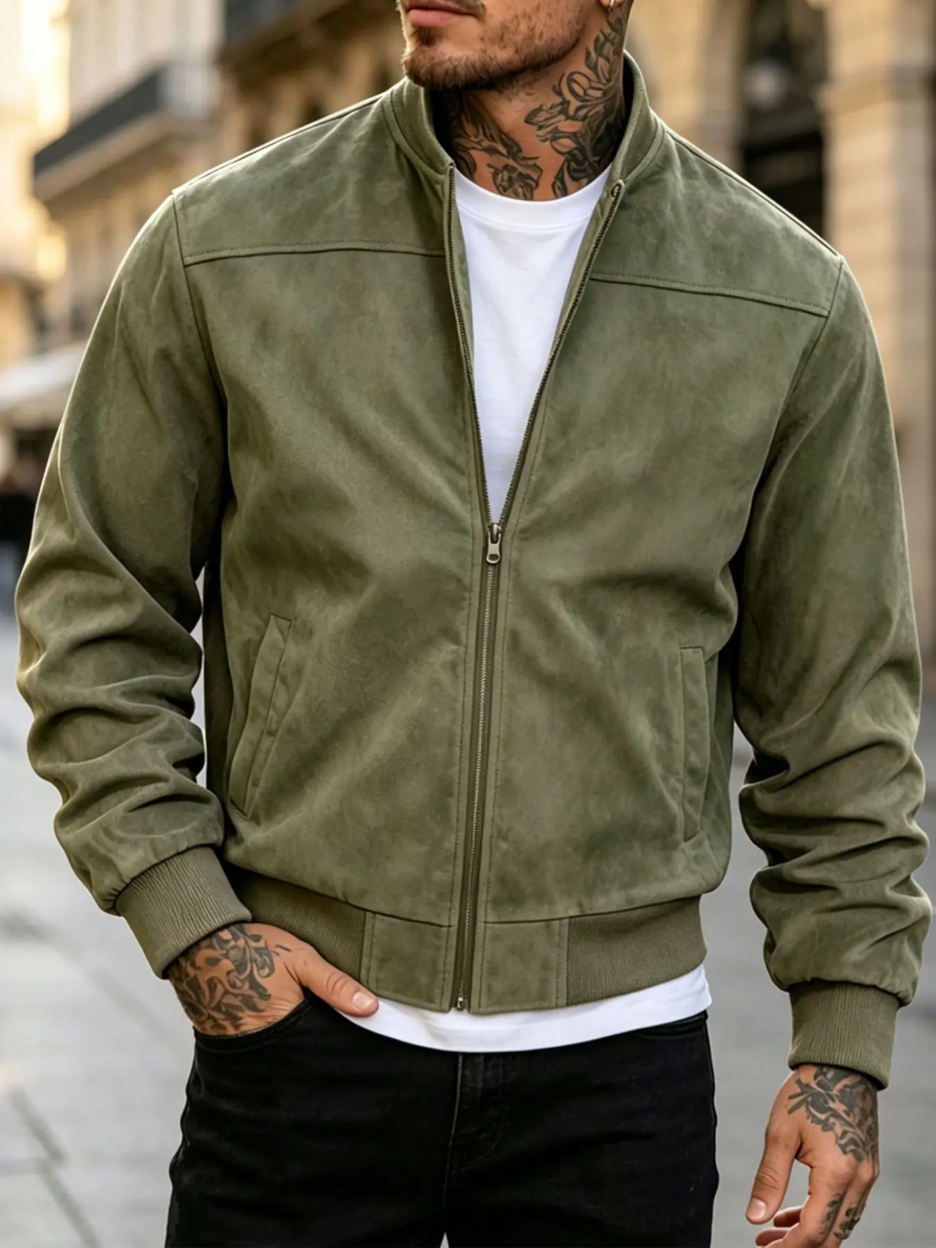 Vintage American Men's Suede Flight Jacket, Zipper Stand Collar Daily Wear, Lightweight Street Style Baseball Coat, Casual Outerwear