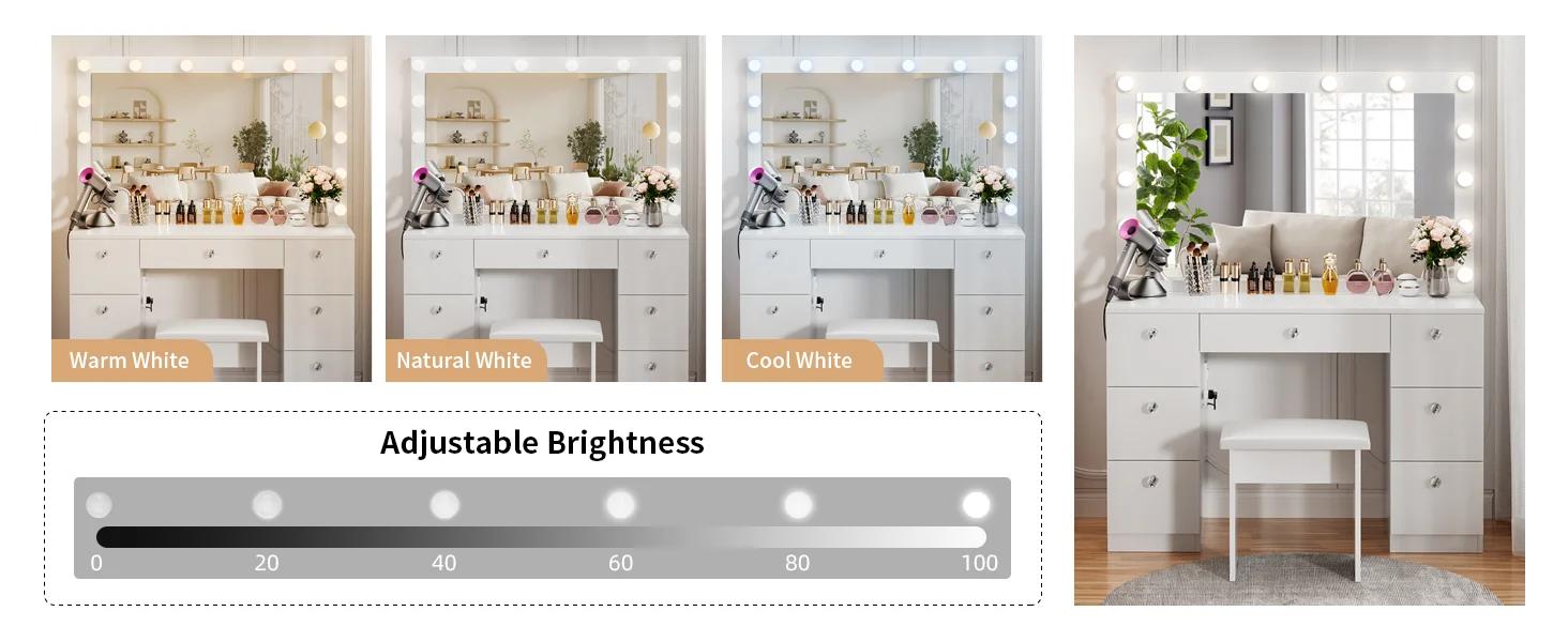 VOWNER 58"Tall Makeup Vanity Desk Set With Power Outlet, 14 Bulbs And Mirror, 7 Drawers