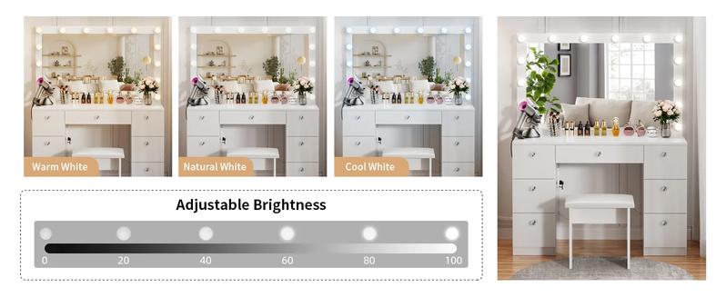 VOWNER 58"Tall Makeup Vanity Desk Set With Power Outlet, 14 Bulbs And Mirror, 7 Drawers