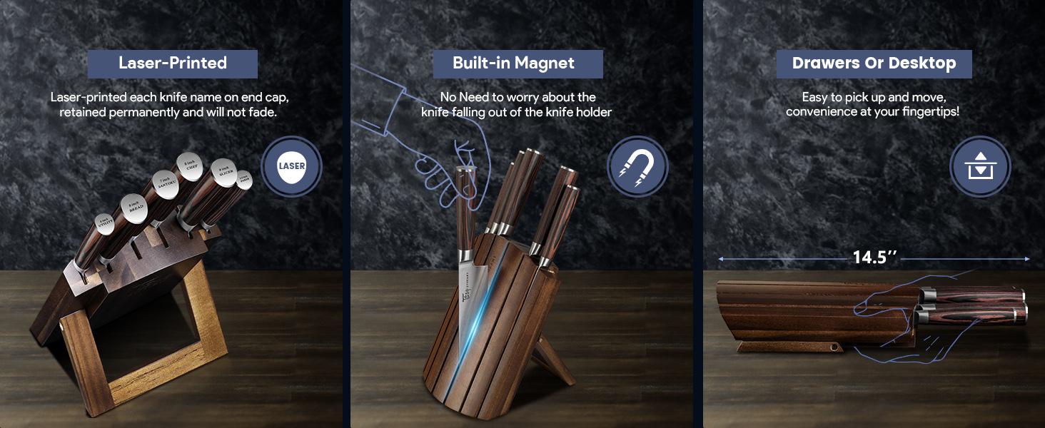 【TikTokShopSpringGlowUp】SYOKAMI Knife Set 7 Piece Japanese Style Kitchen Knife Set With Foldable Magnetic Acacia Wood Block Sharp High Carbon Stainless Steel Knives Set for Kitchen with Anti-slip Ergonomic Handle, Mother's Day Gift