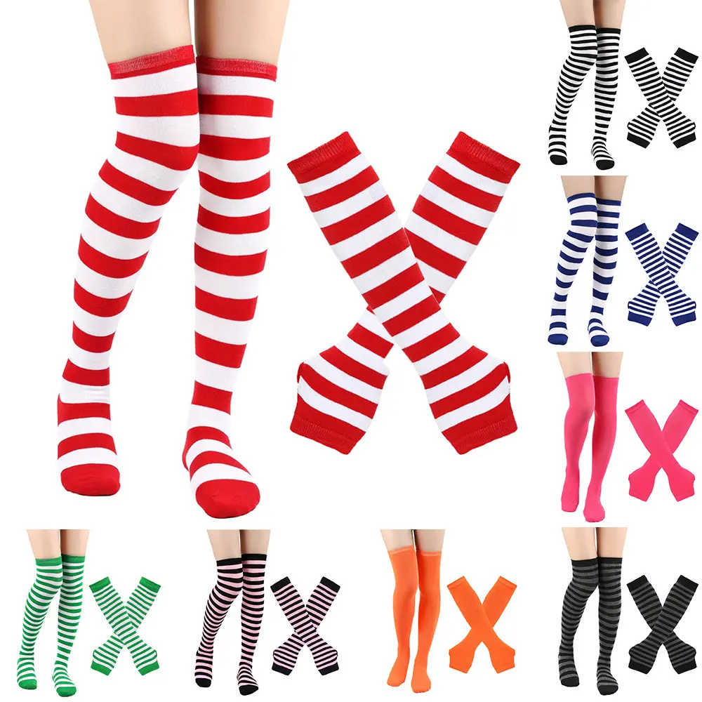 Trending Holiday Party Aesthetics Striped Thigh High Socks Long Gloves Set Stretchy Festive Over Knee Stockings Cosplay Outfit for Christmas