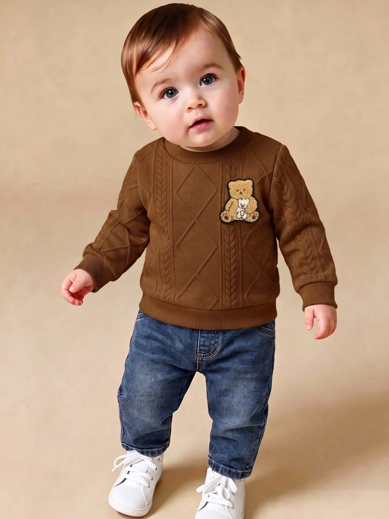 Two-Piece Boys' Spring & Fall, Bear Sweatshirt Set, Casual Loose-Fit Jeans Pants, Trendy Kids Fashion