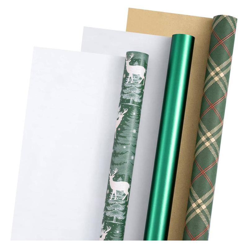 RUSPEPA 3 Rolls Christmas Wrapping Paper Set | Plaid, Solid Colors & Reindeer Christmas Tree Patterns - Ideal for Parties, Decor, Gift Wrapping, DIY Crafts, Xmas Gifts, Family Gatherings, Holiday Decor, Festive Wrapping - 17 x 120 inches