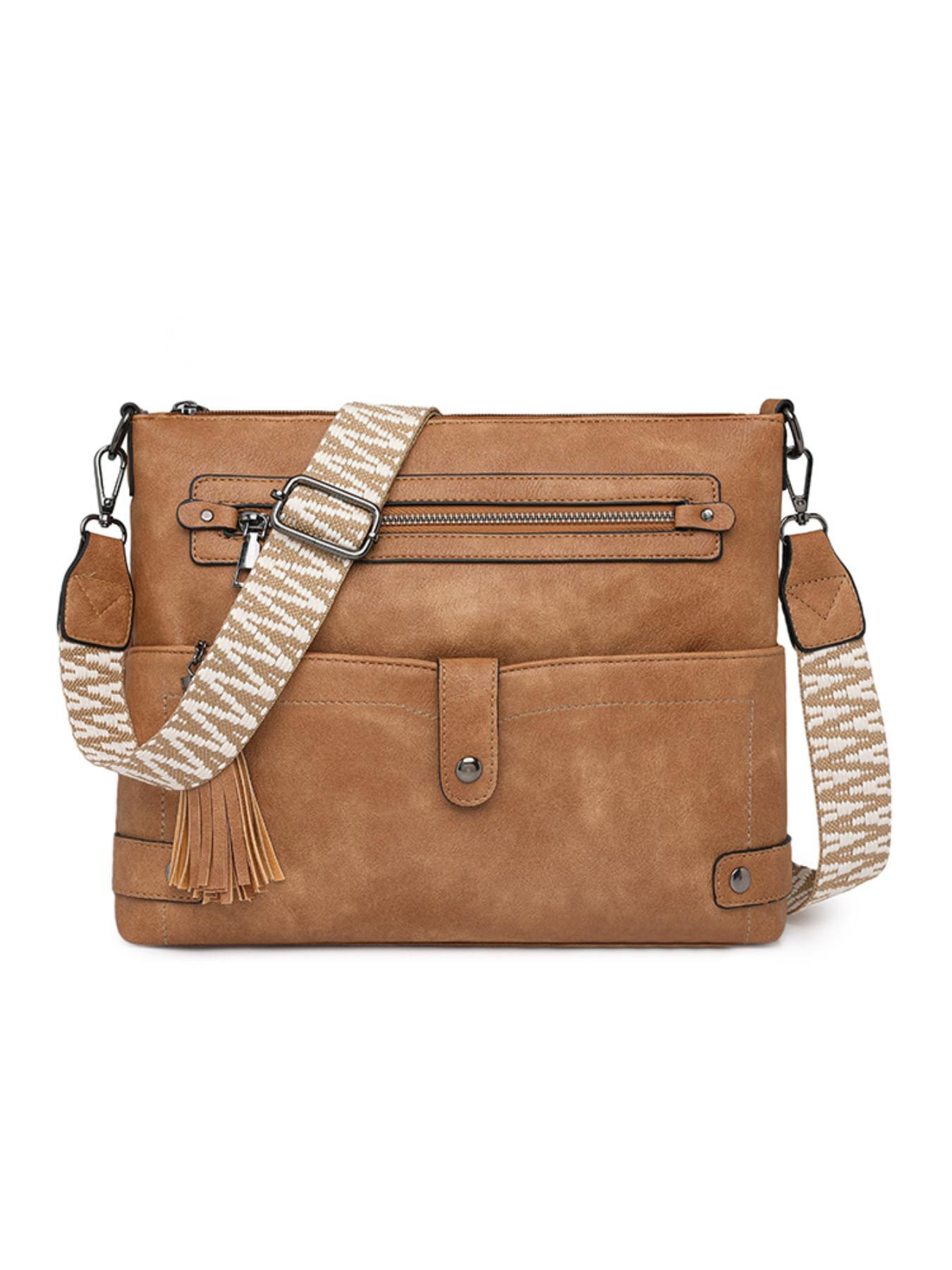 Vintage PU Crossbody Bag, Wide Strap Fringe Design, Large Capacity Shoulder Bag, Casual All-Season Tote, Multi-Layer Anti-Theft, Adjustable Strap