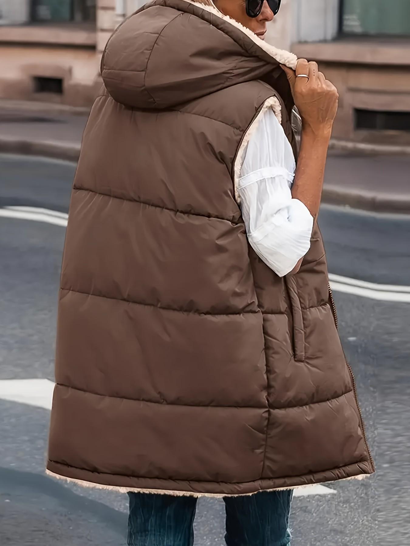Women's Warm Reversible Sleeveless Fleece Jacket, Zipper Vest, Long Coat with Zipper Closure, Pocket and Hooded Casual Outerwear, Cozy Winter Fashion