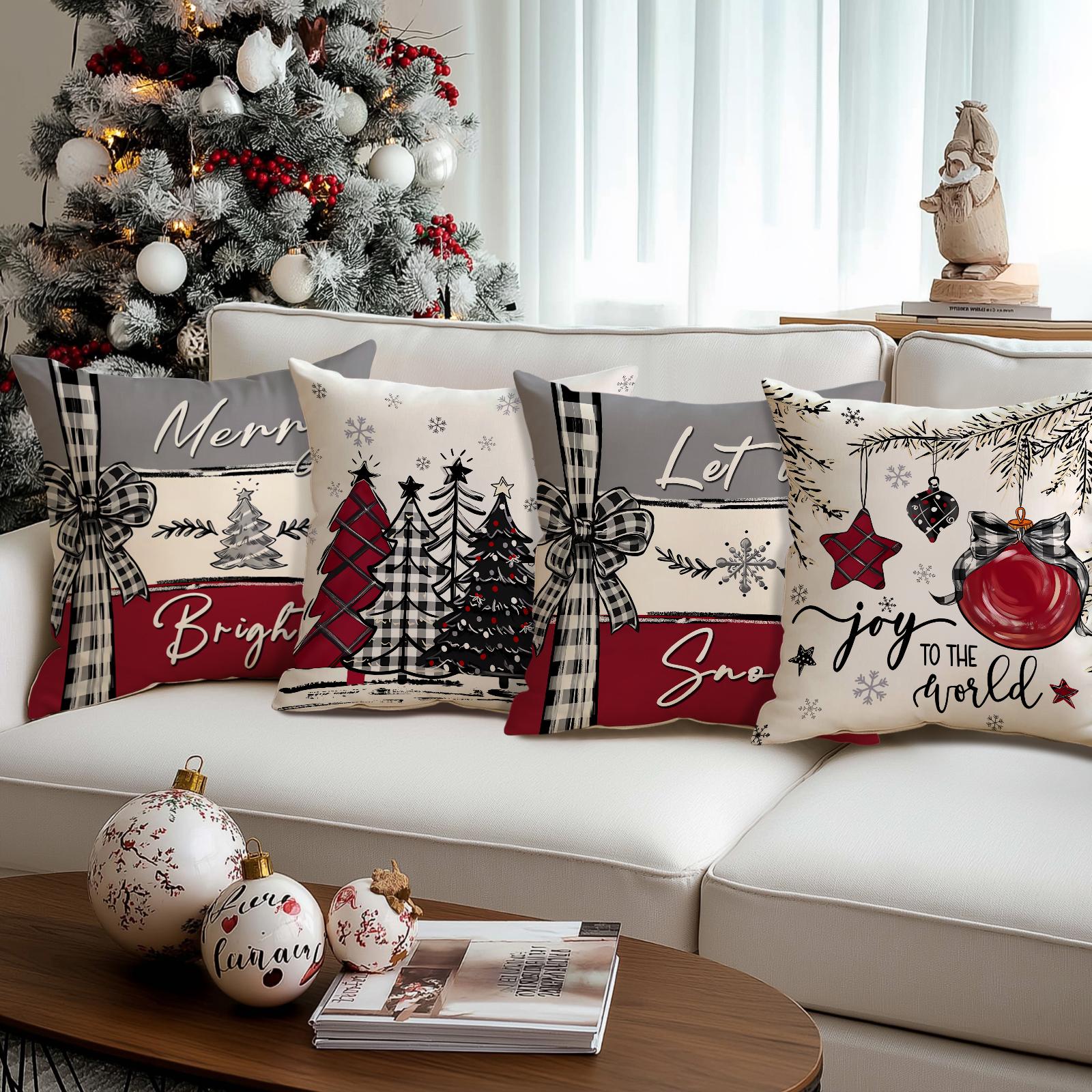 4pcs Christmas Pillow Covers Set, Tree Santa Snowflake Reindeer Prints, Winter Holiday Home Decor Cushion Cases for Bedroom Sofa Car Decoration, Halloween