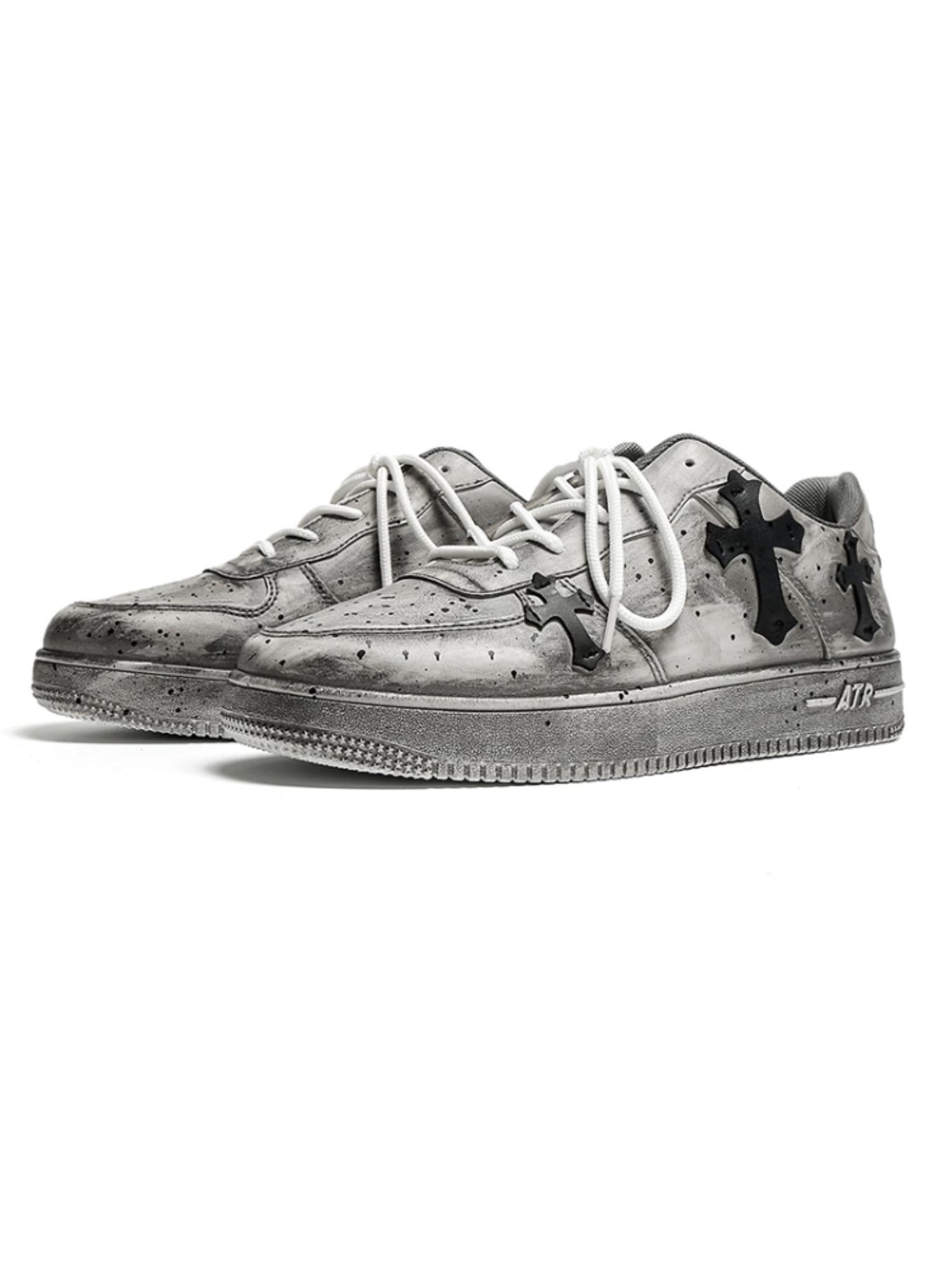 Men's Vintage Cross Sneakers, PU Leather Mid Top Casual Shoes, Soft Comfortable Non-Slip Design, Perfect for Daily Wear