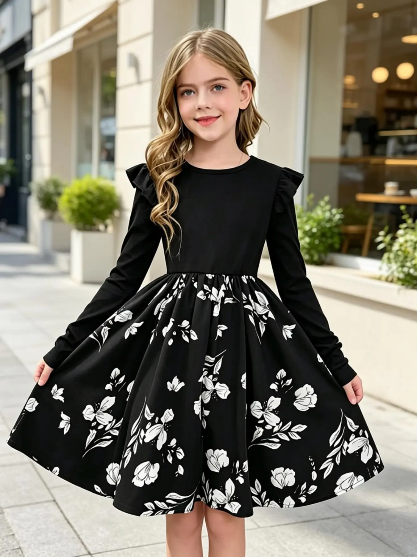 Girls' Floral Print Long Sleeve Dress, Elegant Casual Style, Round Neck & Ruffle Shoulders, Flared Skirt, Perfect for Parties/photoshoots, Vintage Girly Clothes, Printed Dress, Ruffle Dresses