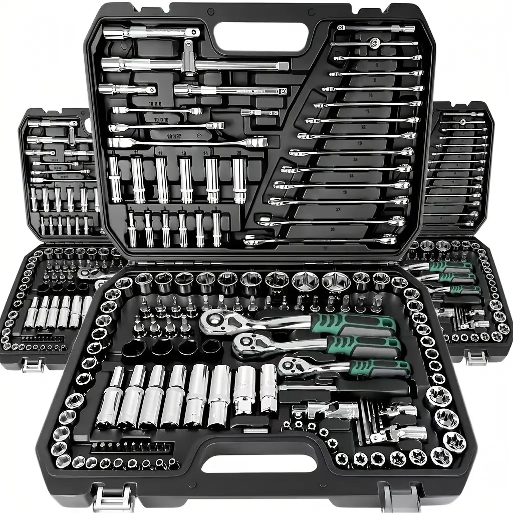 High-end Professional 45+1/52+1/215+1pc Tool Set, Auto/bicycle Repair Machinery Kit, 1/2 Inch *1/4 Inch 3/8 Inch Drive Depth And Standard Wrench Set, Race-grade Auto Parts Repair Ratchet Wrench And Other Auto Repair