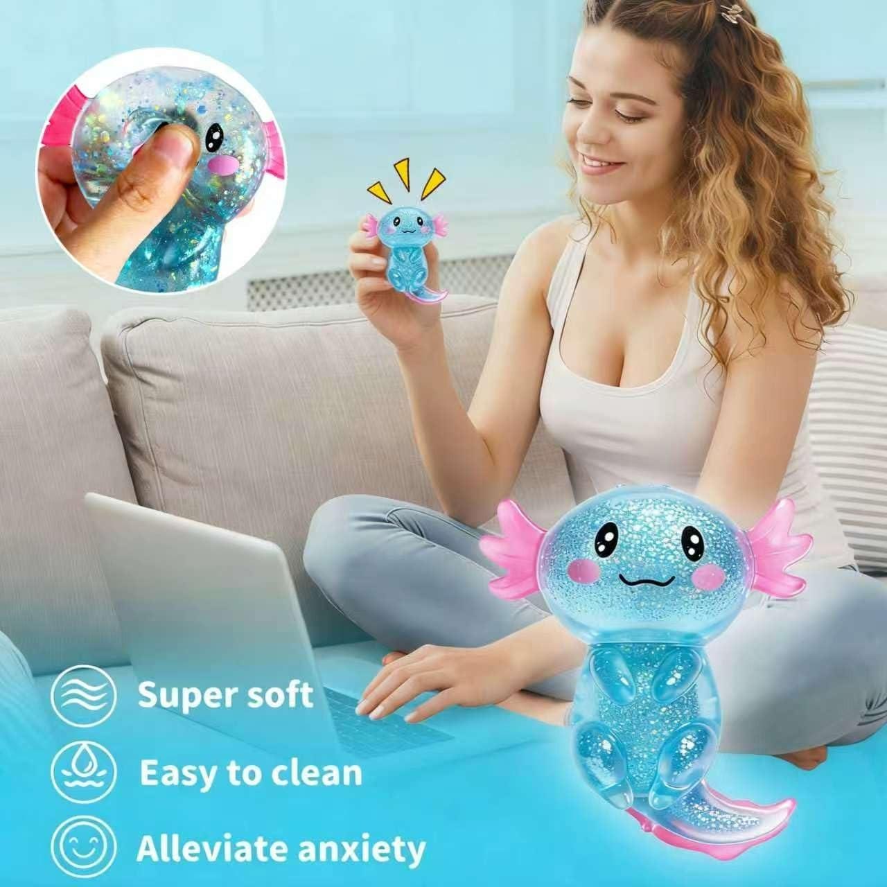 Cute Axolotl Squishies Stress Relief Toy Glitter Fidget Squeeze Toy for Kids Adults