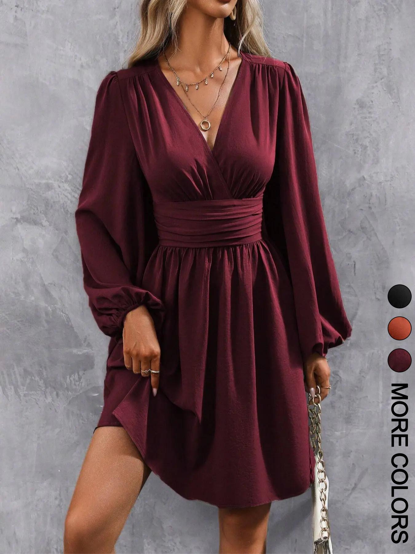 Women's Plain Deep V Neck Dress, Casual Bishop Sleeve A Line Dress for Spring & Fall, Women's Clothing for Daily Wear, Womenswear