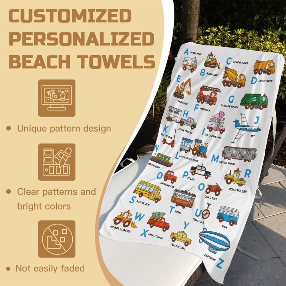 Vehicle Themed Digital Print Beach Towel, Quick Dry Pool Towel, Multipurpose Camping Towel & Bath Towel Blanket, Ideal for Beach Pool Camping Vacation, Perfect Gift for Kids & All Occasions