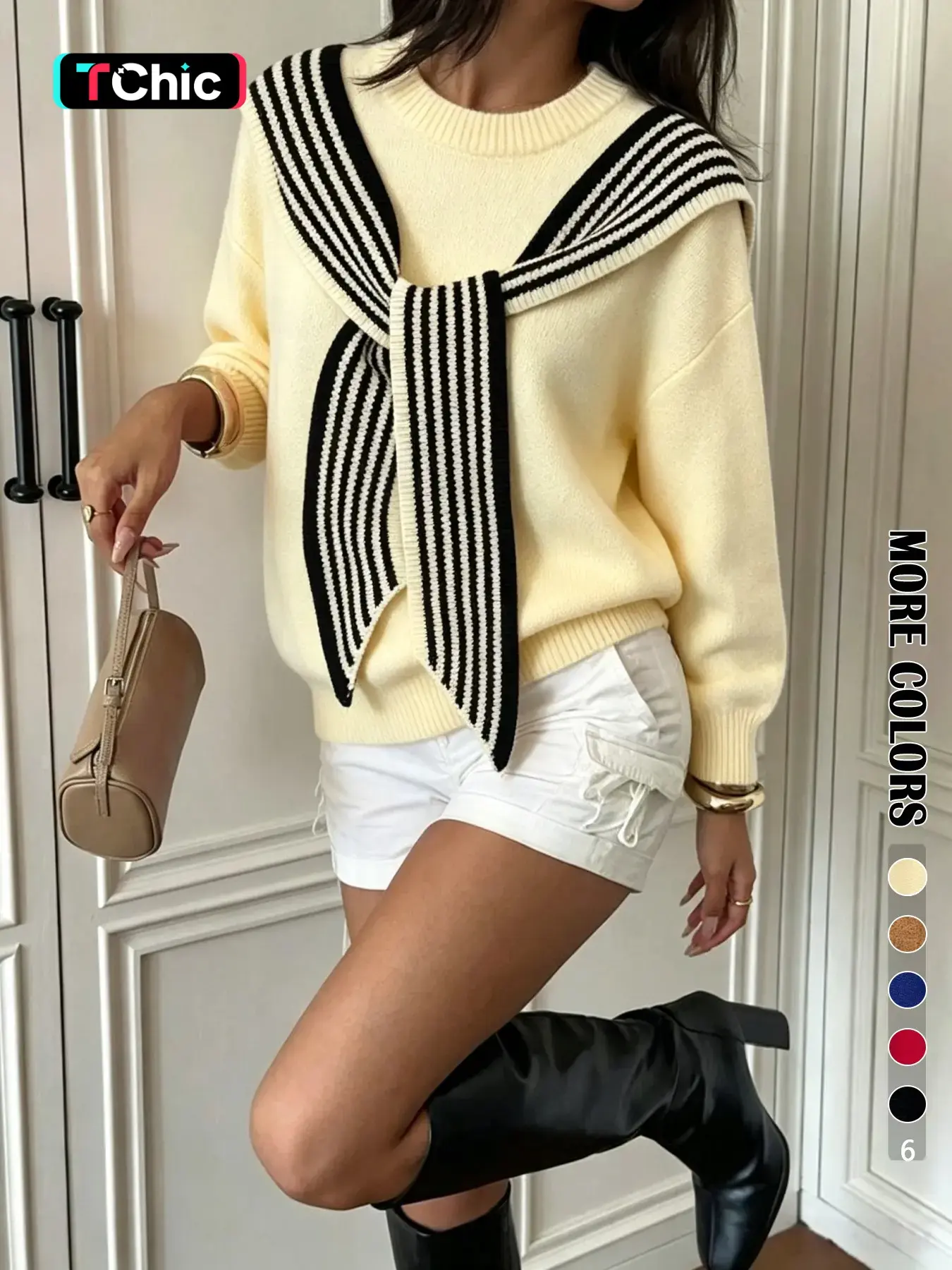 Women's Striped Print Shawl Cape 2 In1 Knitted Drop Shoulder Sweater, Casual Long Sleeve Round Neck Jumper for Fall & Winter, Fashion Ladies' Knitwear for Daily Wear