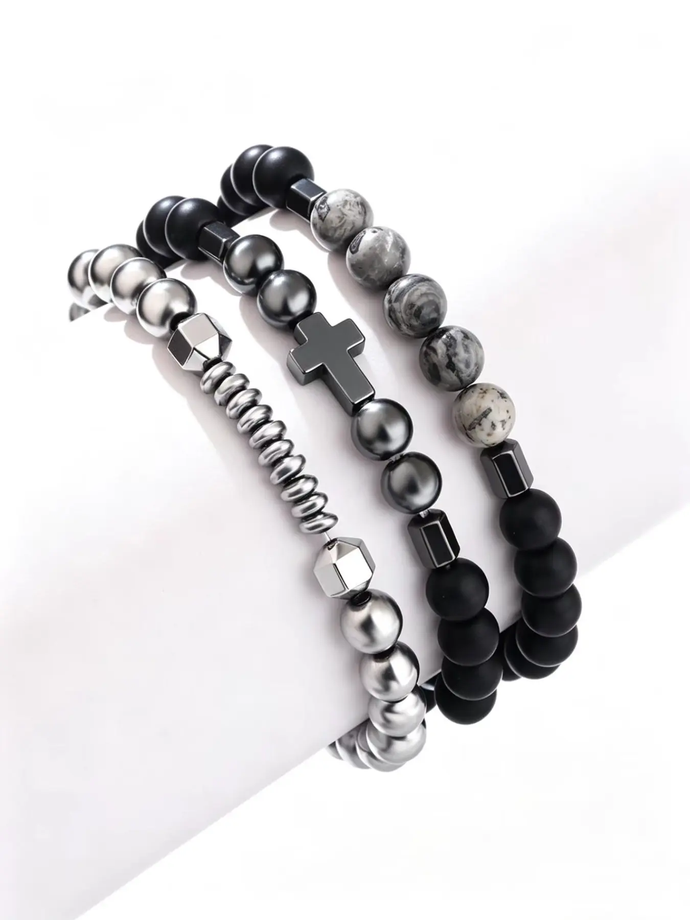 3 Pieces Stackable Cross Black Onyx Bracelet Set, Matte Stone Map Jasper Metal Beads Unisex Stretch Wrist Jewelry