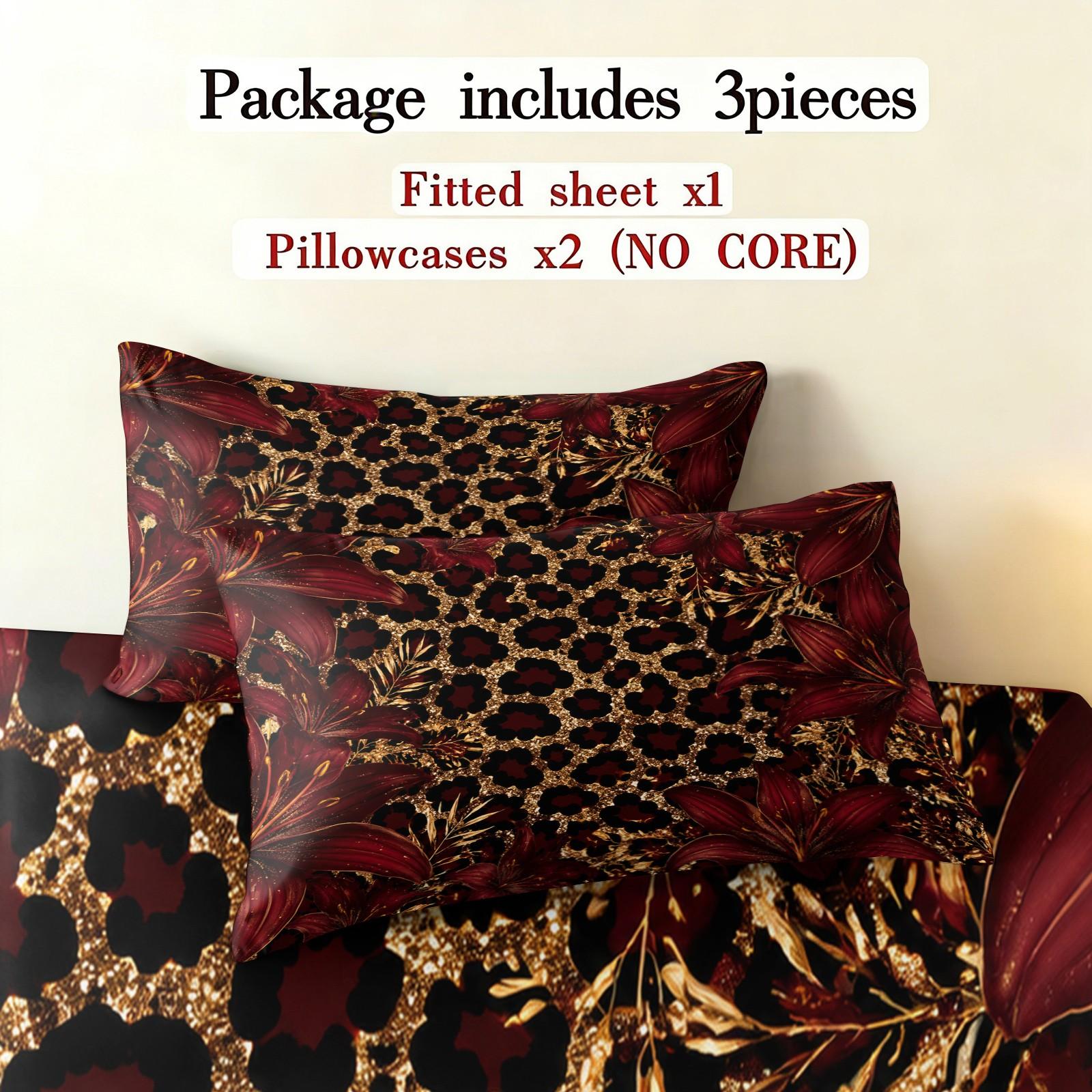 3-piece wine red gold leopard print lily flower printed bedding set, with 25cm deep pockets, including 1 bedspread and 2 pillowcases (without filling material), suitable as a holiday gift for friends, applicable for bedrooms, guest rooms, dormitories