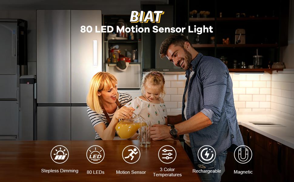 BIAT Under Cabinet Lights 2PCS, 80 Led Motion Sensor Light Indoor, Rechargeable Closet Lights Motion Sensored, 3 Color Temps Under Counter Lights for Kitchen, Dimmable Under Cabinet Lighting