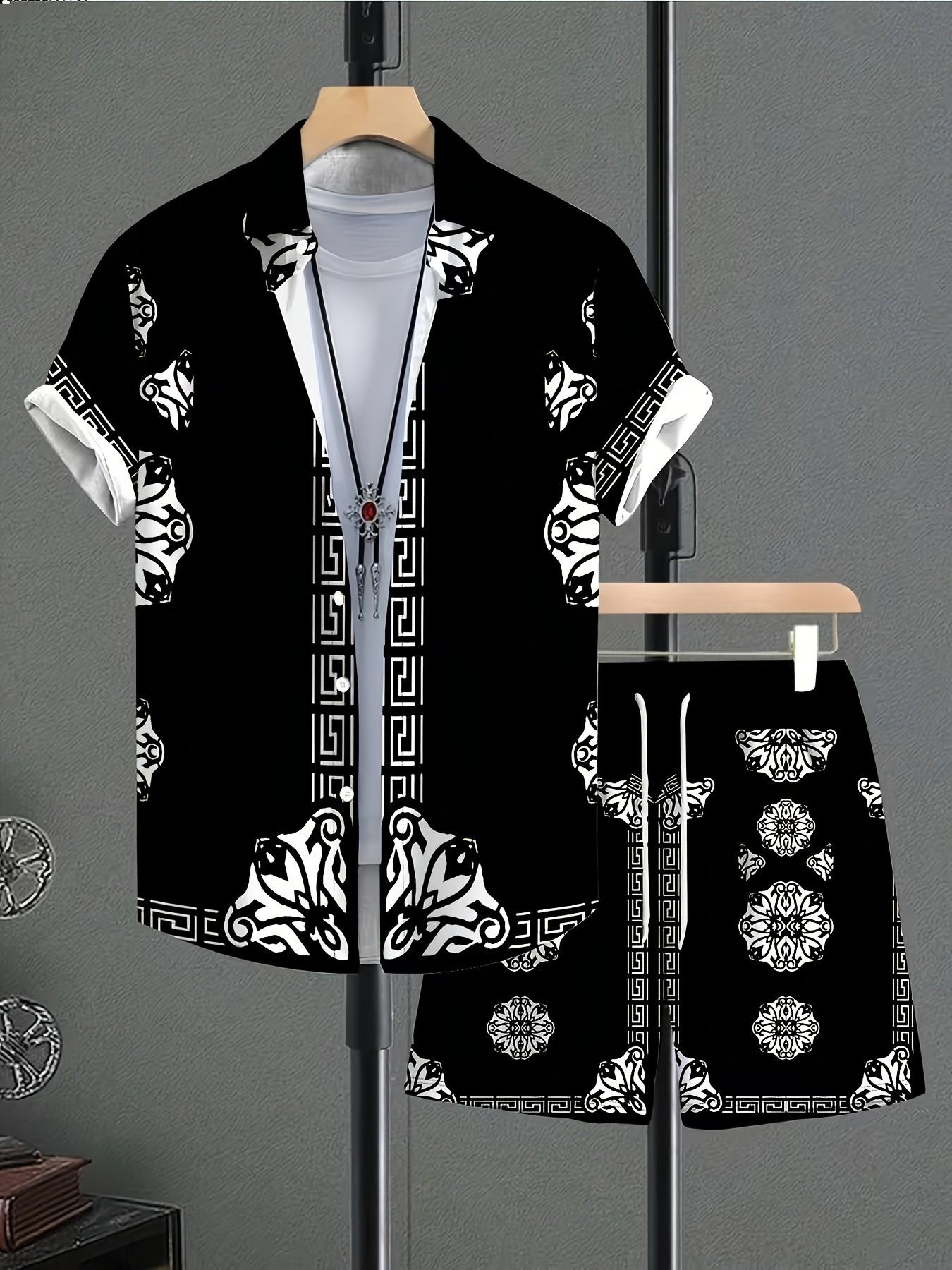 Men's Light Blue Baroque Scroll Two-Piece Set, Vintage Floral Vase Print Collar Shirt + Drawstring Shorts, Casual Loose-Fit All-Season