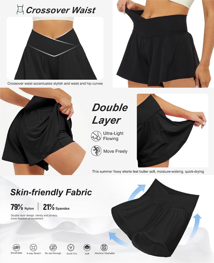 FireSwan Crossover Athletic Shorts for Women 2 in 1 Flowy Running Shorts with Pockets Spandex Butterfly Workout Tennis Skorts