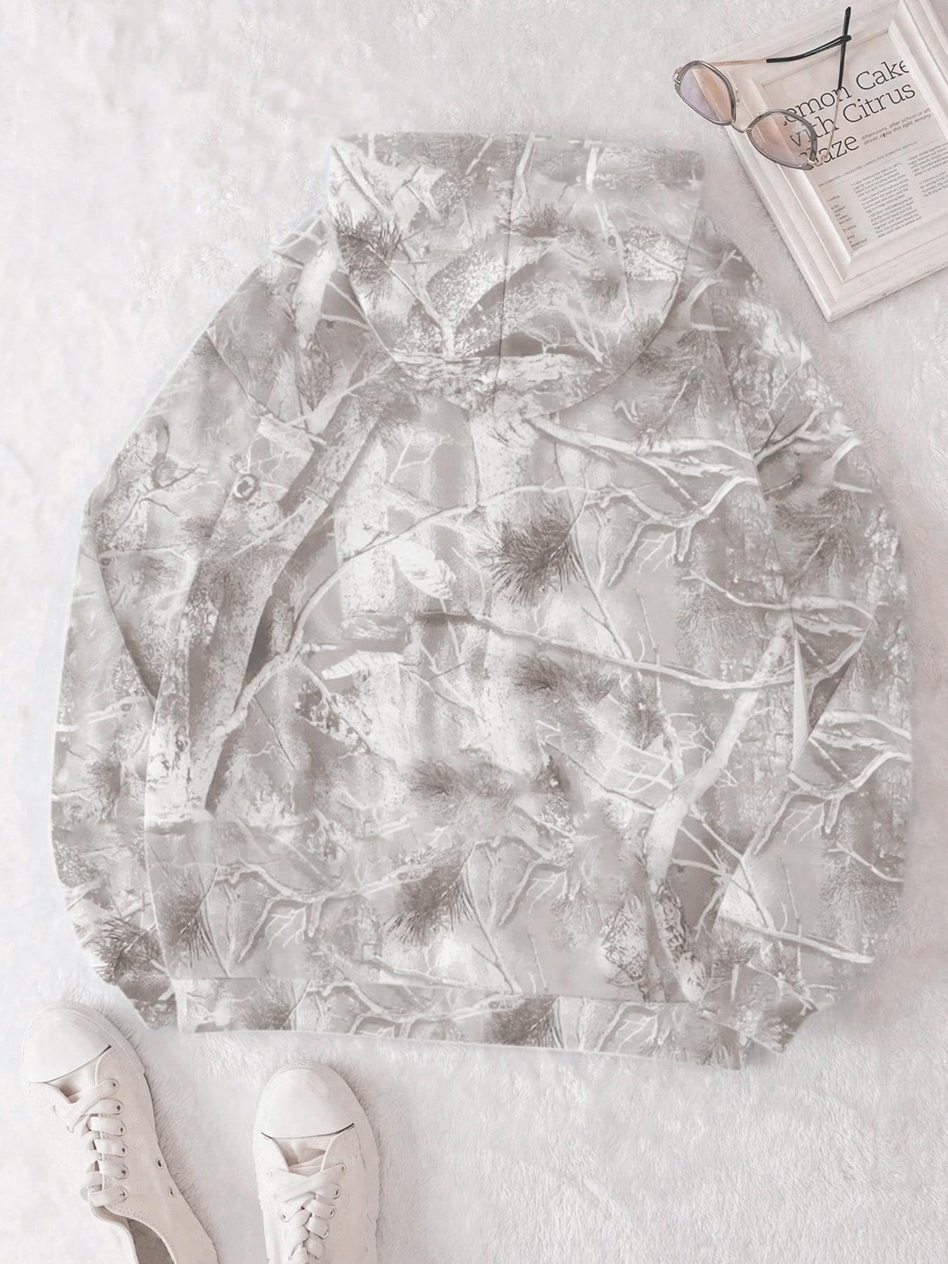 Unisex Hooded Sweatshirt, Casual Loose-Fit Branch Print Pullover, Fall & Winter Fashion, Comfortable Kint Fabric, One Piece