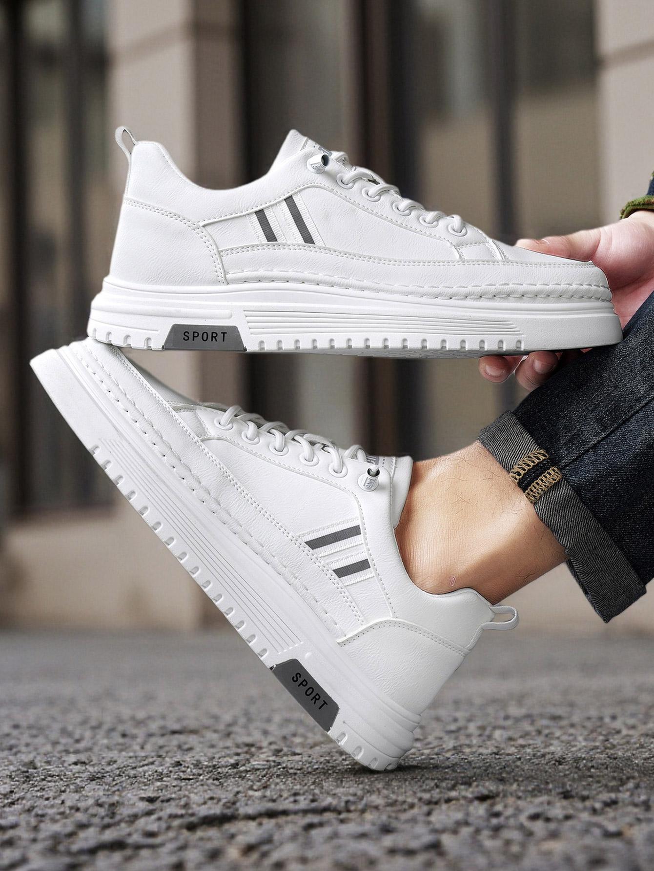 Men's Summer Thick Sole Sneakers, Simple Striped Casual Board Shoes, Soft Leather Breathable Lightweight, Height Boosting Slim Fit, Versatile Daily Wear