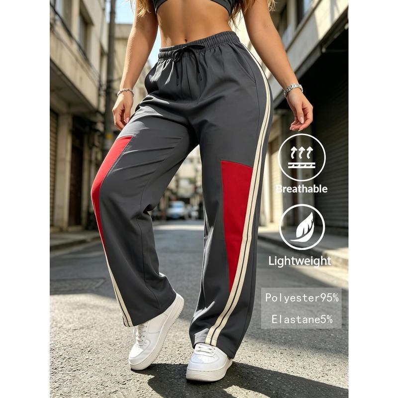 Women’s Y2K Color-Block Side Stripe Wide-Leg Track Pants - Lightweight, Breathable, Stretchy Drawstring Elastic Waist Baggy Sweatpants for Gym, Street Outfits