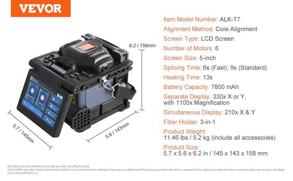 VEVOR Fiber Fusion Splicer 6-Motor, Core Alignment Fiber Optic Splicer 6s Splicing 13s Heating, Fiber Splicer Machine with 5 LCD Screen, 3 in 1 Fiber Holder, 7800mAh Battery for SM MM DS NZDS Fiber VEVOR Fiber Fusion Splicer 6-Motor, Core Alignment Fiber Optic Splicer 6s Splicing 13s Heating, Fiber Splicer Machine with 5 LCD Screen, 3 in 1 Fiber Holder, 7800mAh Battery for SM MM DS NZDS Fiber