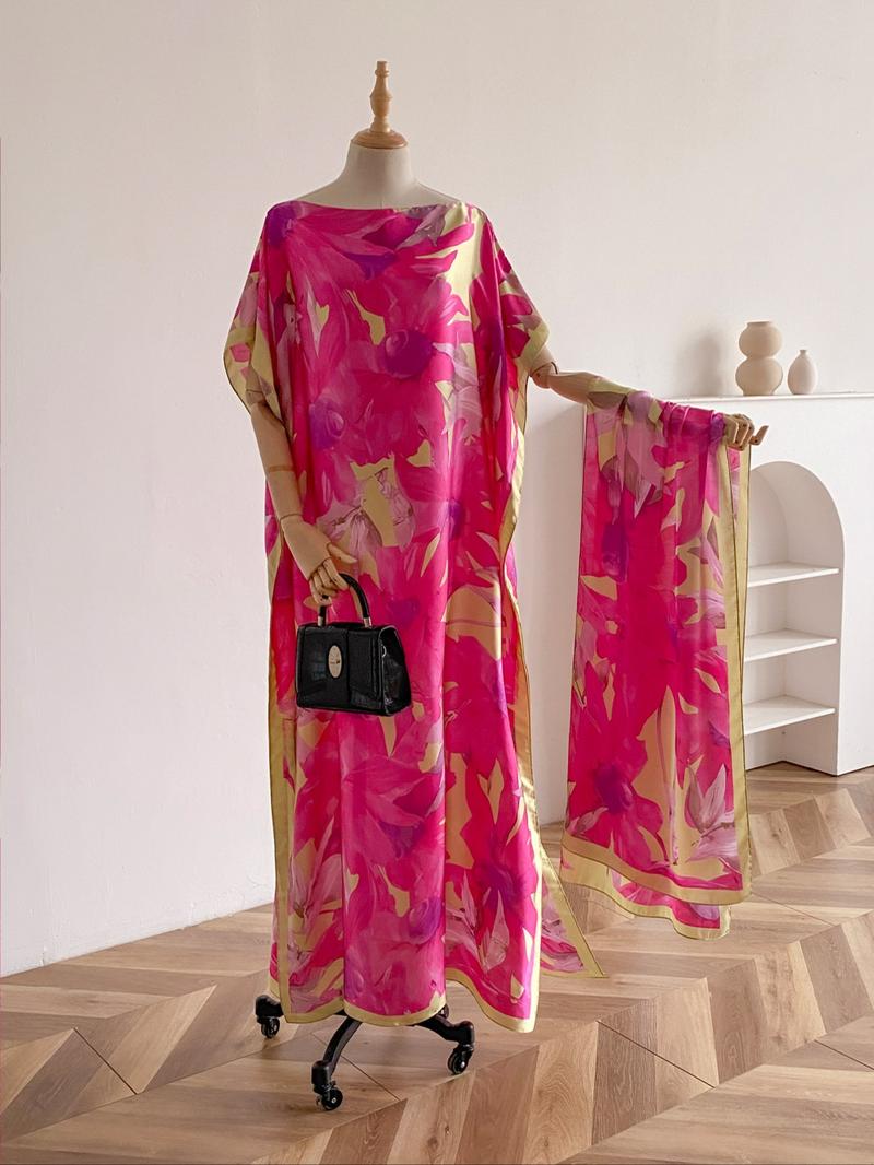 Women's Peacock Print Cape Shawl & Scarf Set, Elegant Beach Cover-Up For Holiday Vacation, Swimwear Coverups