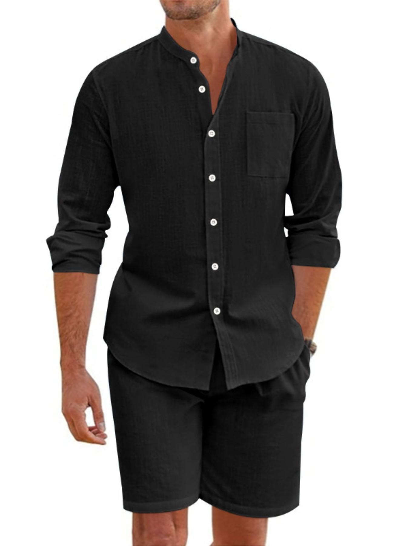 Men's Summer Linen Plain Button-Up Shirt Long Sleeve Shorts Cardigan Casual Loose Beach Set, 2026 Cross-Border Fashion