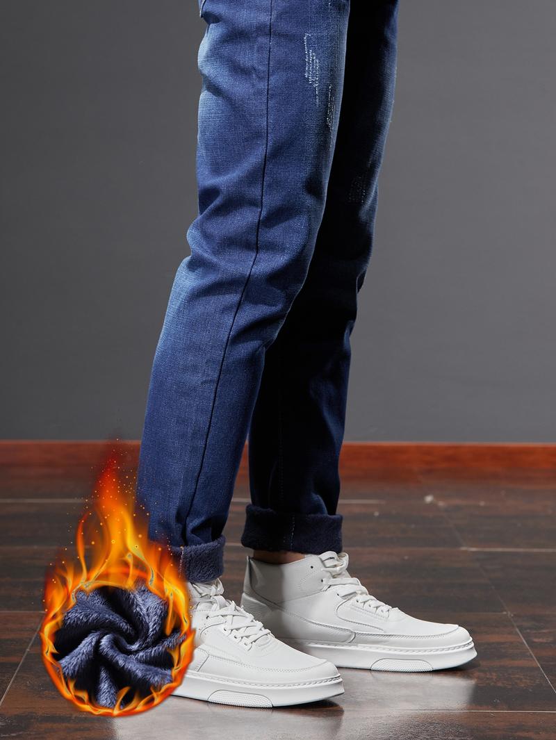 New Fall Winter Fleece Lined Thick Slim Fit Jeans for Men, Casual High-End Elastic Long Pants, Autumn Fashion Menswear