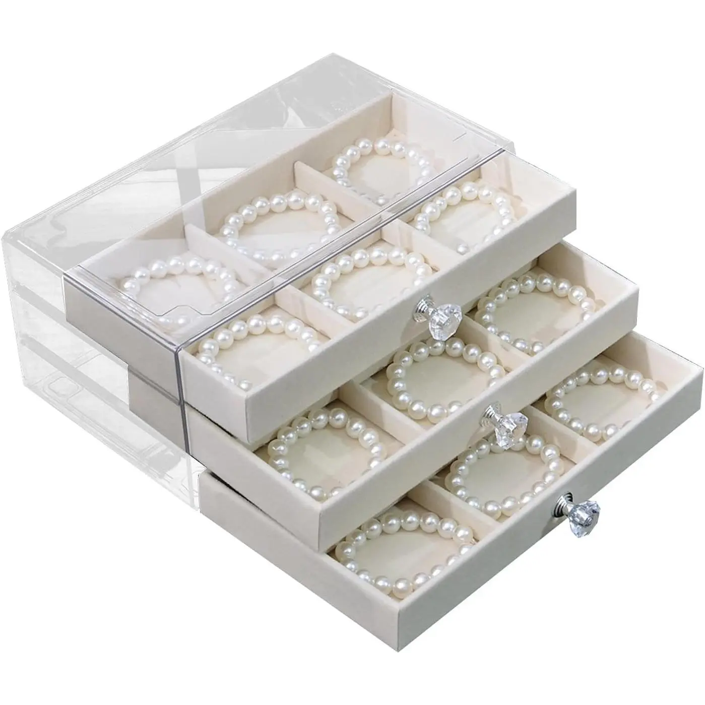Bracelet Storage Box with 3 Drawers Bangle Organizer Display Case Clear 18 Grids Velvet Jewelry Organizer for Women Girls (Beige)