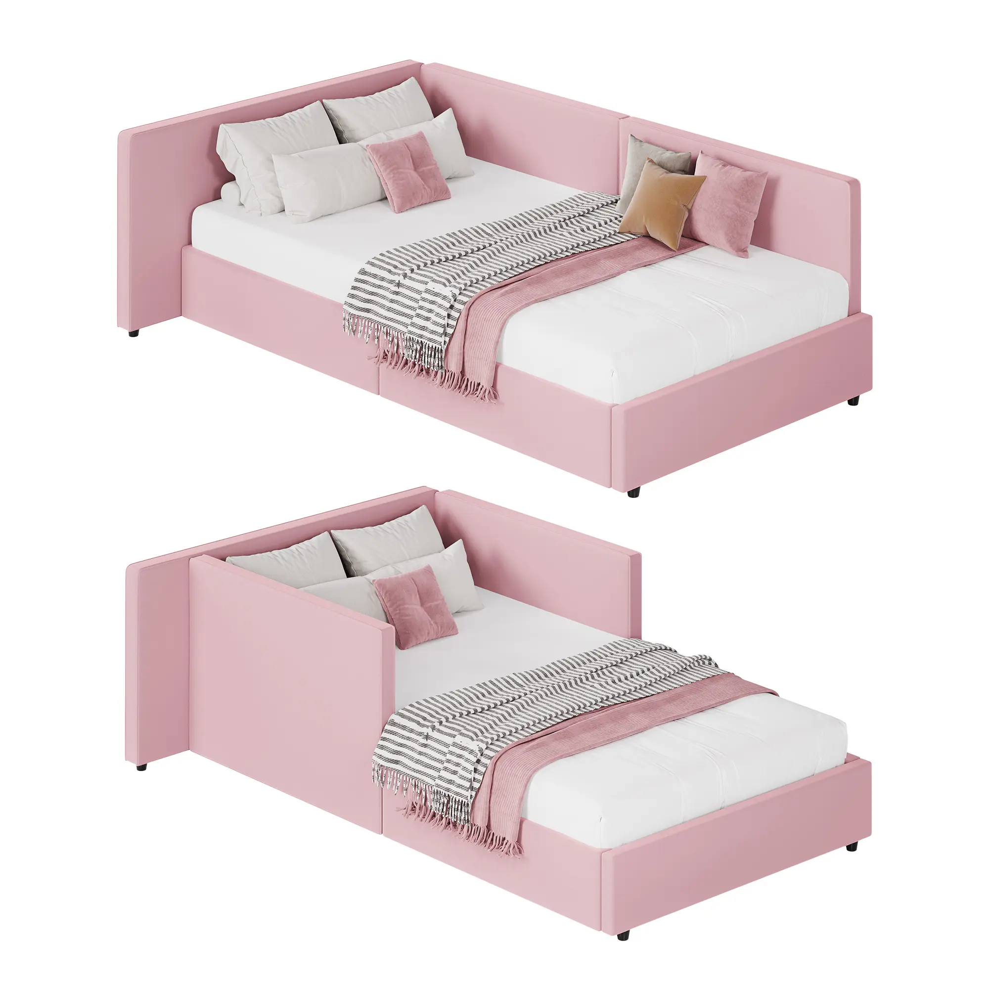 Twin Size, Pink Velvet Daybed features a 3-way adjustable headboard and 800-lb capacity for a stylish corner sofa or guest bed