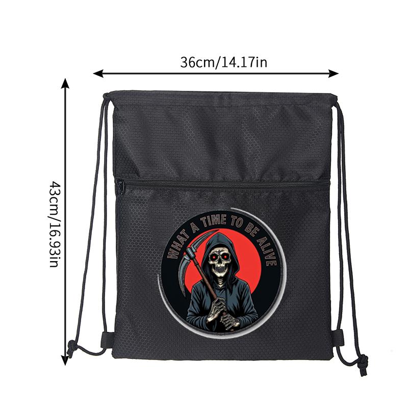 Grim Reaper Printed Drawstring Backpack Durable Gym Bag with Zipper Pocket for Outdoor Sports Travel School Use Trendy Casual Style Perfect Halloween Birthday Christmas Gift for Teen and Young Adults