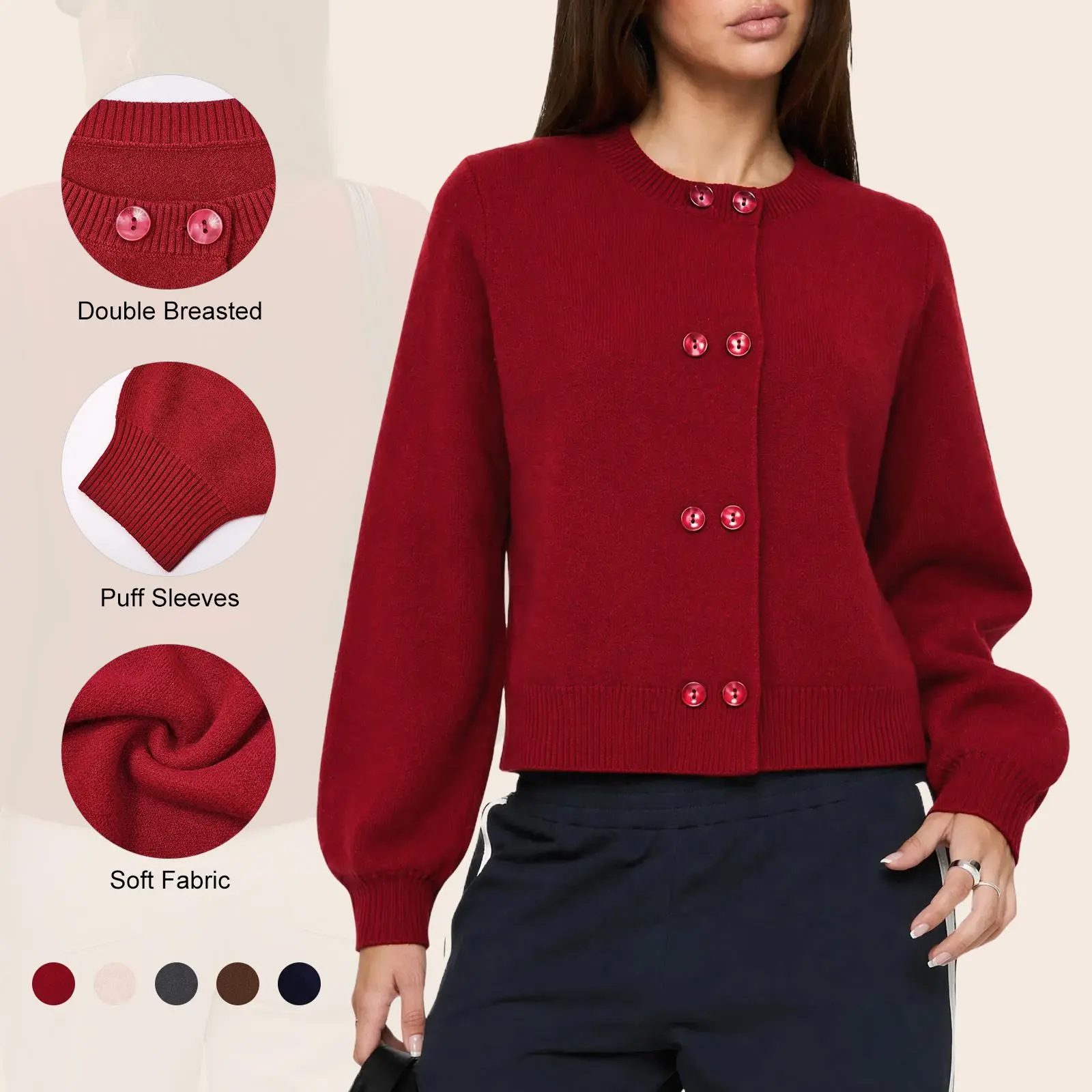 Imily Bela Women Double Breasted Puff Sleeve Cropped Knit Cardigan Soft Sweater Jacket