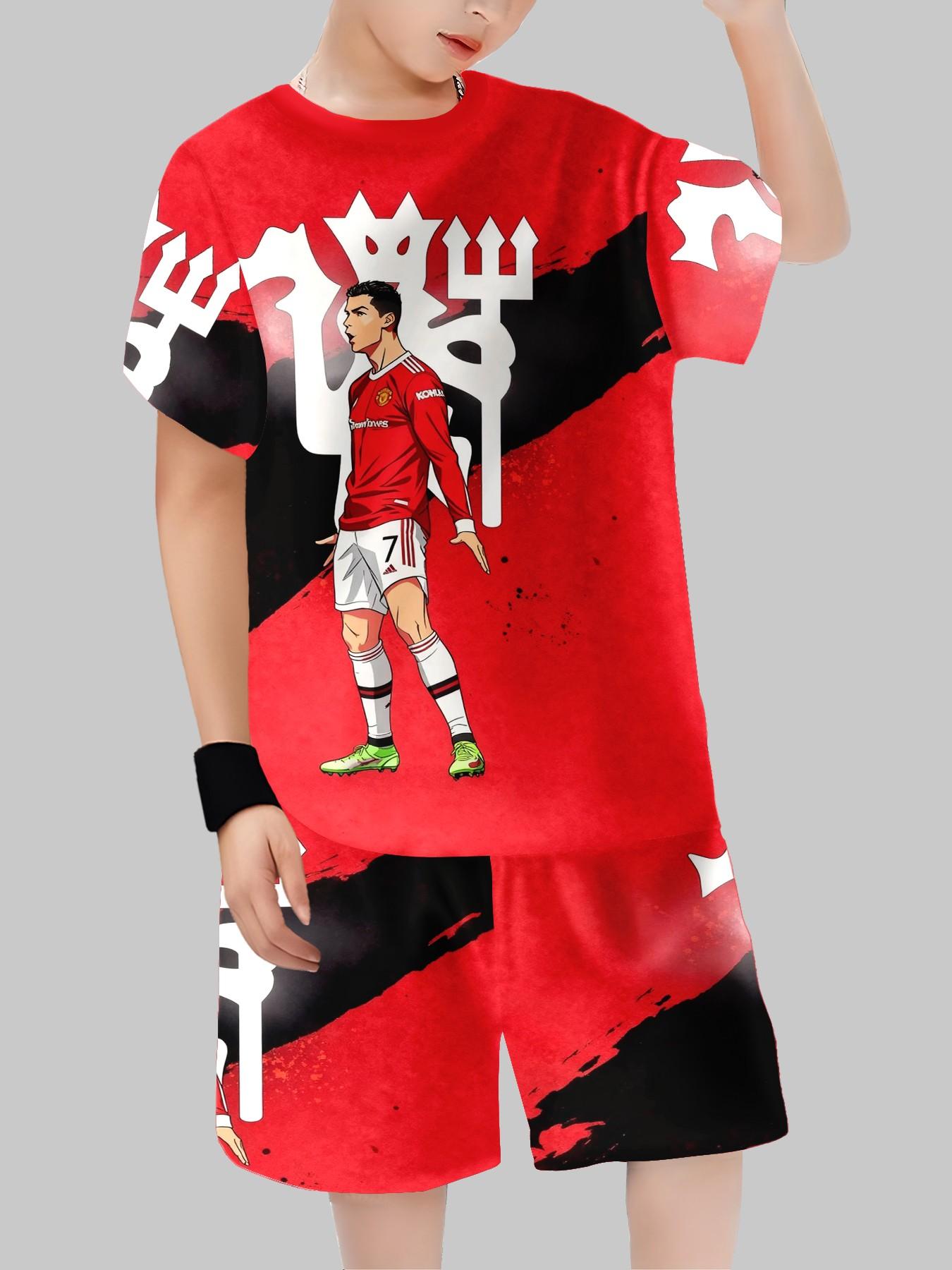 Boys' Colorblock Manchester United Cr7 Anime Print Tee and Track Shorts, Casual Summer, Party, Vacation, School Wear