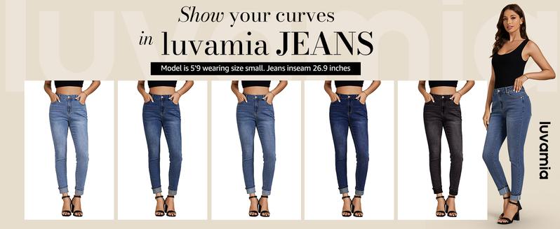 Luvamia Women's High Waisted Skinny Jeans Trendy Fold Hem Slim Fit Stretchy Denim Pants Jeggings with Pockets Streetwear Trouser Dark Blue Minimalist Basic