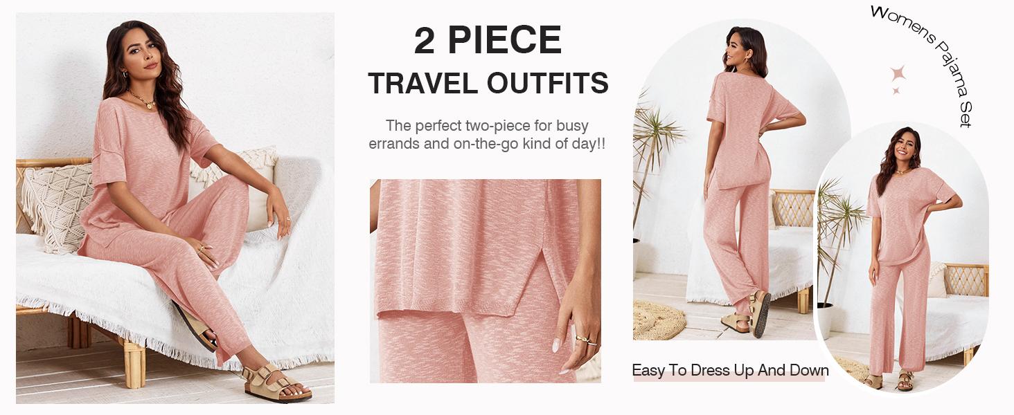 Imily Bela Women's 2 Piece Travel Outfits Casual Short Sleeve Knit Pullover Tops Wide Leg Pants Lounge Sets Tracksuit