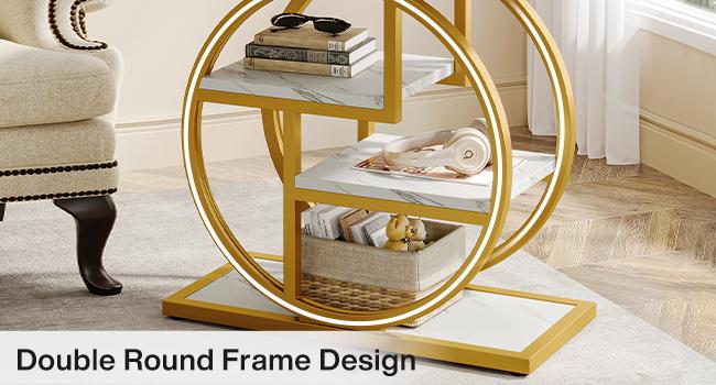 LITTLE TREE End Table for Living Room, Modern Faux Marble Narrow Side Table with Storage Shelves, 4-Tier Bedside Table for Bedroom, Small Sofa Side Table with Geometric Metal Frame circle base