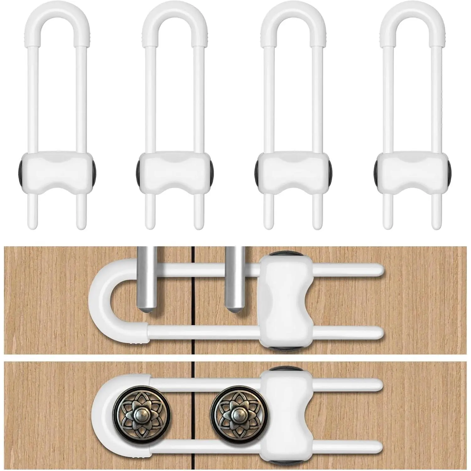 Cabinet Locks for Babies,Child Proof Cabinet Locks,4 Pack,White,Adjustable U-Shaped Sliding Baby Proofing Cabinets for Cabinets and Drawers,tool-free use in Kitchen,Bathroom,Living room