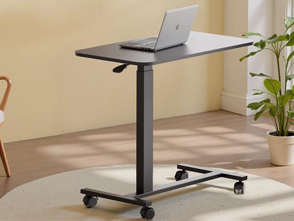 COMHOMA Adjustable Overbed Bedside Table with Lockable Wheels, Pneumatic Mobile Standing Laptop Desk, Portable Rolling Overbed Table Hospital Home Use