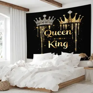 King Queen Crown Tapestry, Black Gold Glitter Wall Hanging Tapestries, Romantic Sparkle Wall Blanket Backdrop Decor, Luxury Print Tapestry for Couples Bedroom Living Room Home Aesthetic