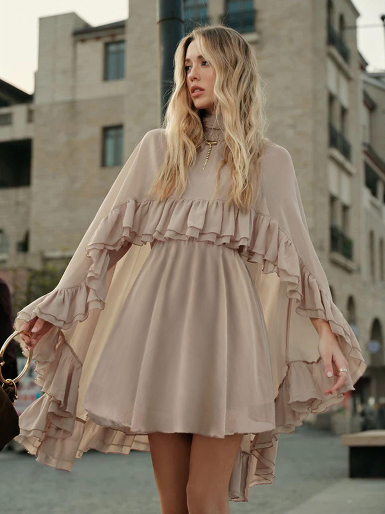 Ocean Style Spring Summer New Elegant Chiffon Dress with Layered Ruffles Fashion Inner Tank Two-Piece Set for Casual Wear Womenswear Basic Womenswear Basic Minimalist